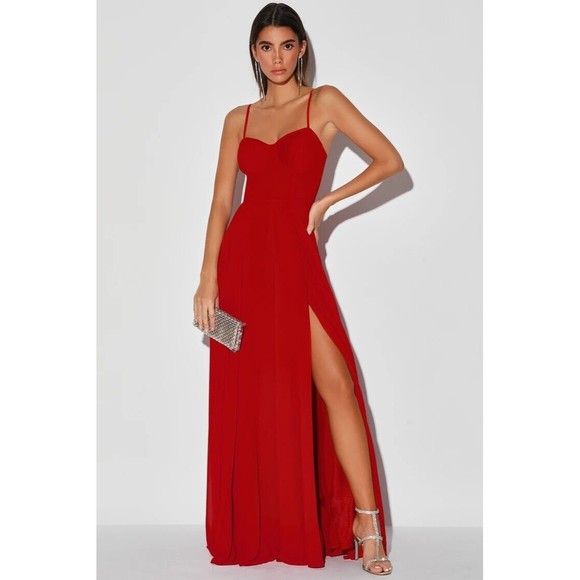 Size Medium LULUS Cause for Commotion Red Pleated Bustier Maxi Dress - Picture 1 of 9